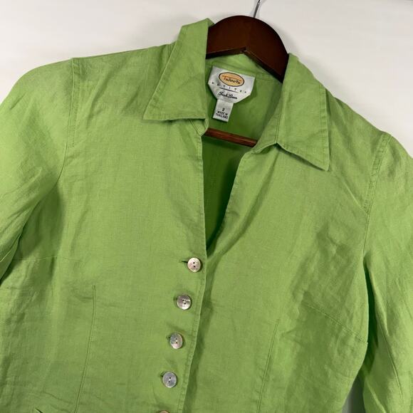 Talbots Tops - Talbots Women’s 2 Petite Irish Linen Blouse Green Ruffled Sleeves Button Up EUC
